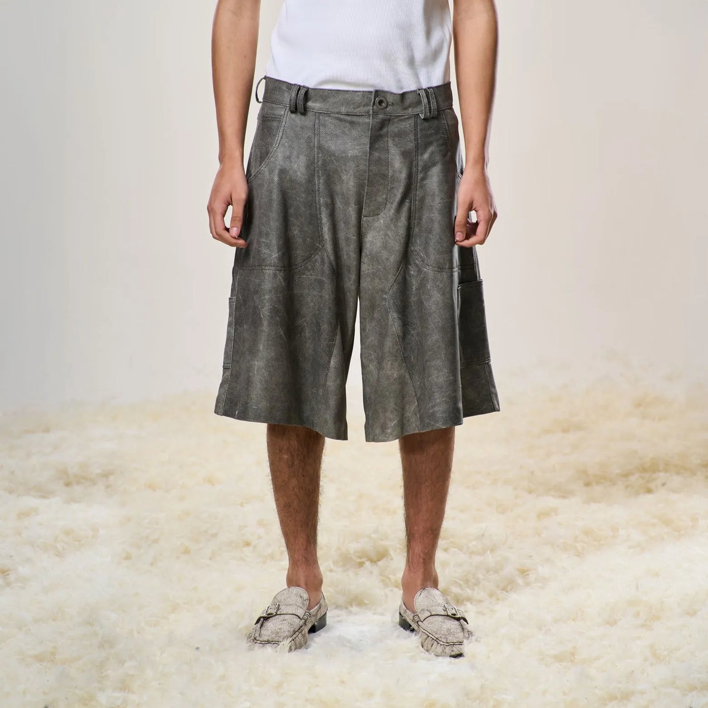 Perforated Leather Summer Jorts - Grey