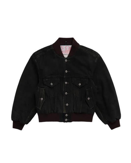 Object From Nothing Black Denim Bomber Jacket On a white background 