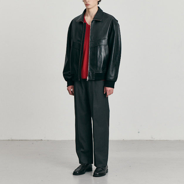 Stand Collared Leather Blouson — Black