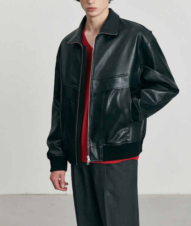 Stand Collared Leather Blouson — Black