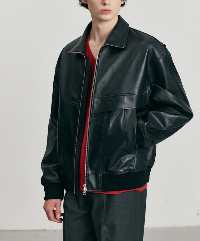 Stand Collared Leather Blouson — Black