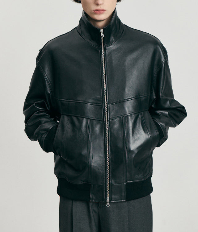 Stand Collared Leather Blouson — Black