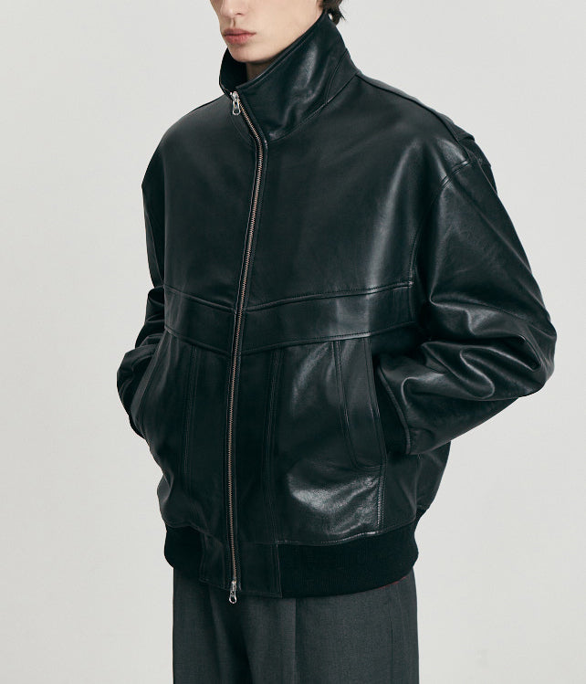 Stand Collared Leather Blouson — Black