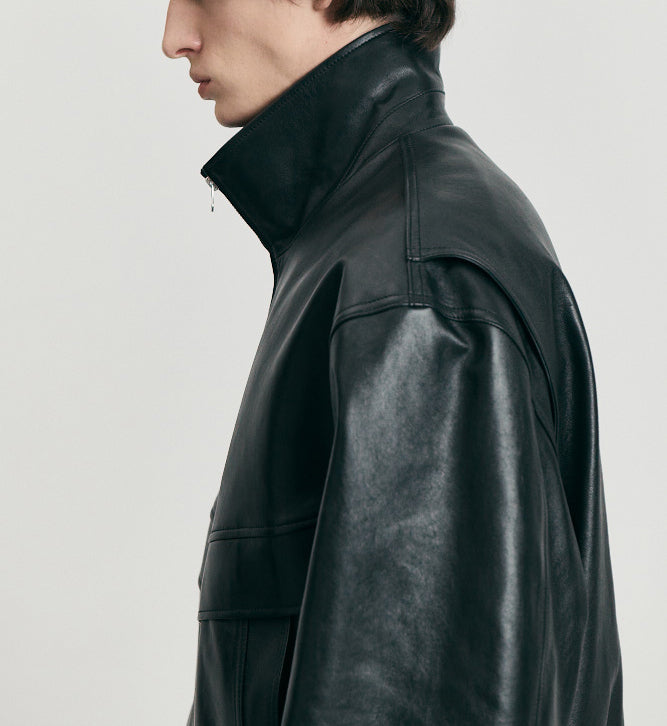 Stand Collared Leather Blouson — Black