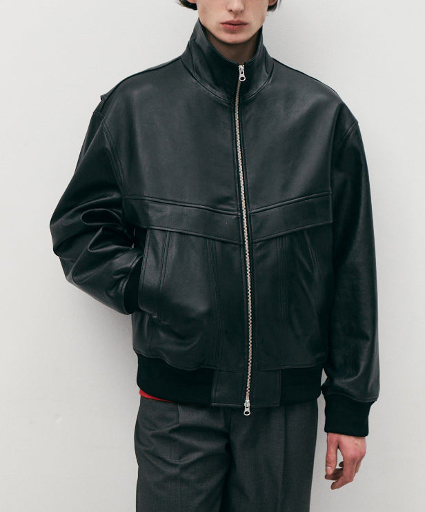 Stand Collared Leather Blouson — Black