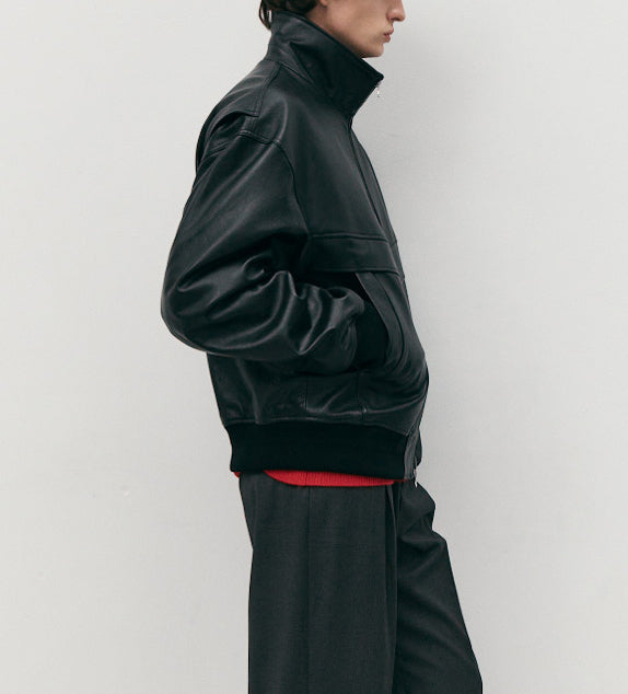 Stand Collared Leather Blouson — Black