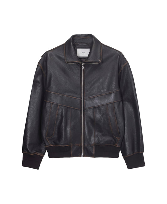 Stand Collared Leather Blouson — Deep Brown