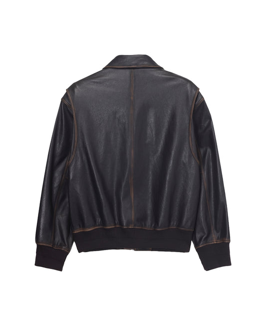 Stand Collared Leather Blouson — Deep Brown