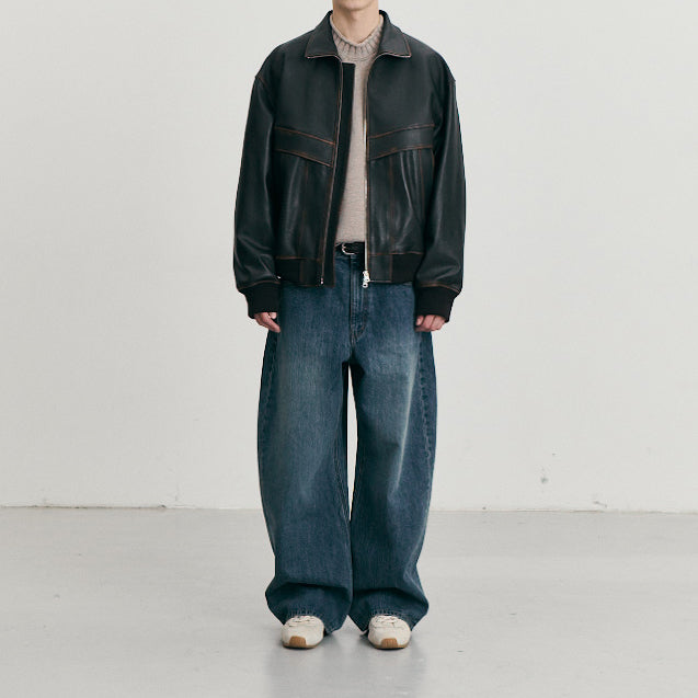 Stand Collared Leather Blouson — Deep Brown