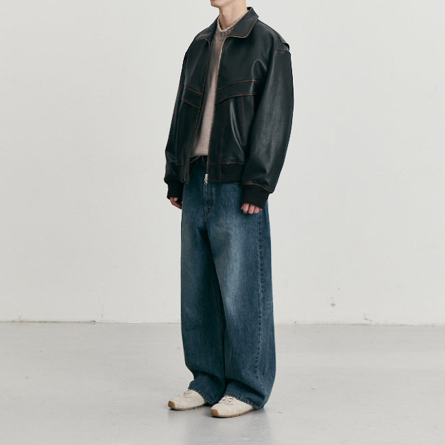 Stand Collared Leather Blouson — Deep Brown