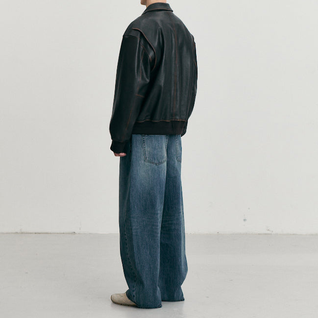 Stand Collared Leather Blouson — Deep Brown