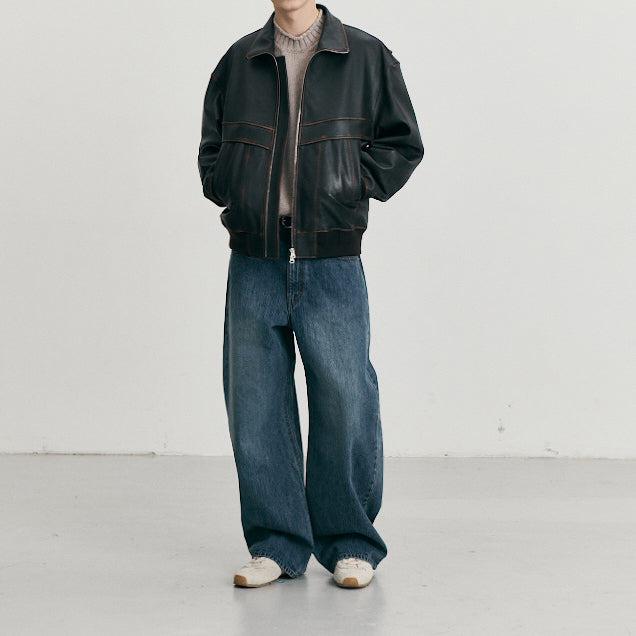 Stand Collared Leather Blouson — Deep Brown