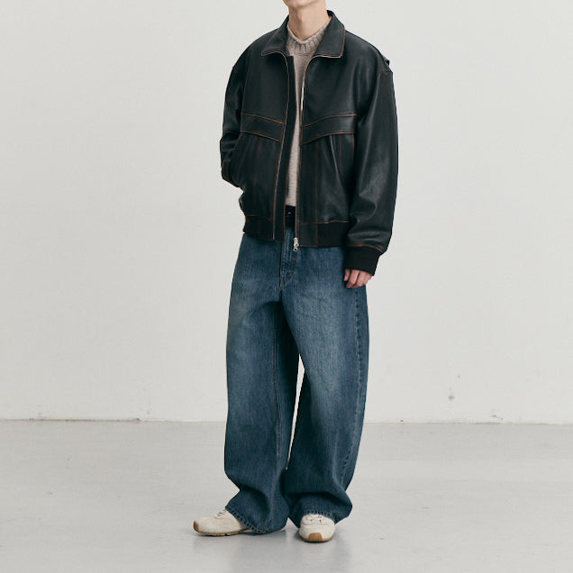 Stand Collared Leather Blouson — Deep Brown