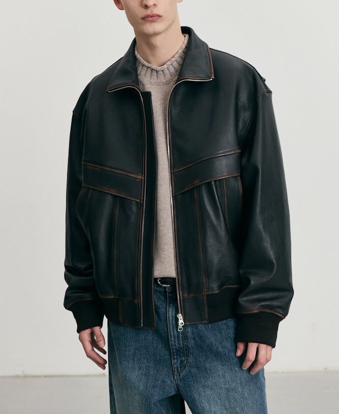 Stand Collared Leather Blouson — Deep Brown