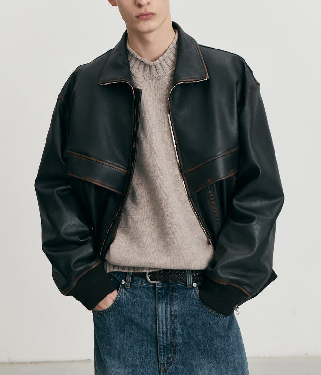Stand Collared Leather Blouson — Deep Brown
