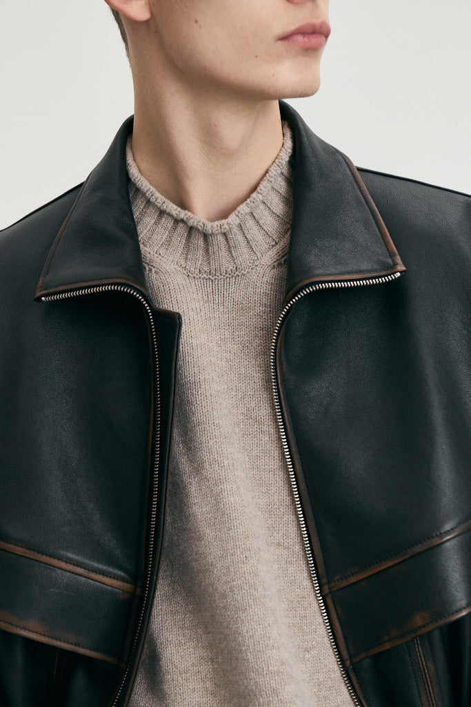 Stand Collared Leather Blouson — Deep Brown