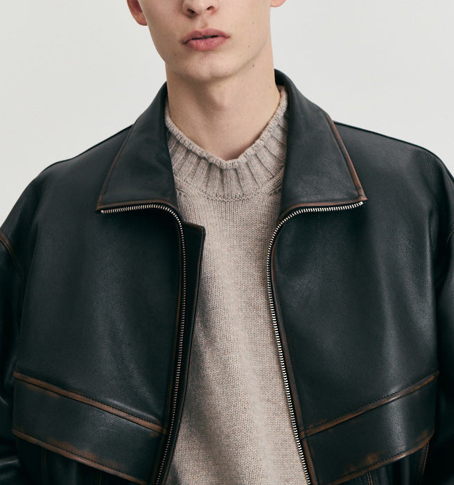 Stand Collared Leather Blouson — Deep Brown