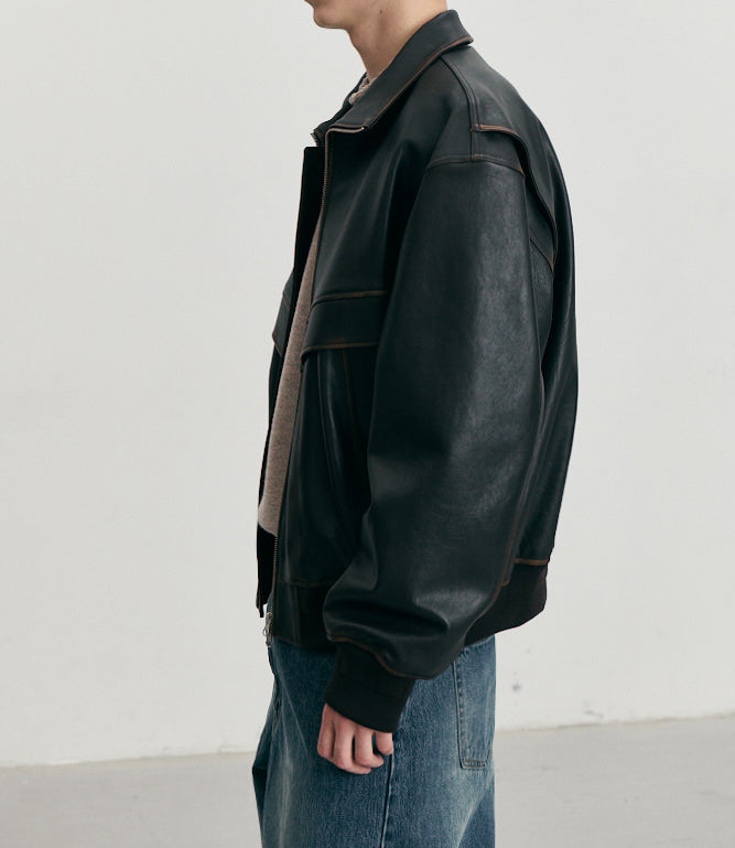 Stand Collared Leather Blouson — Deep Brown