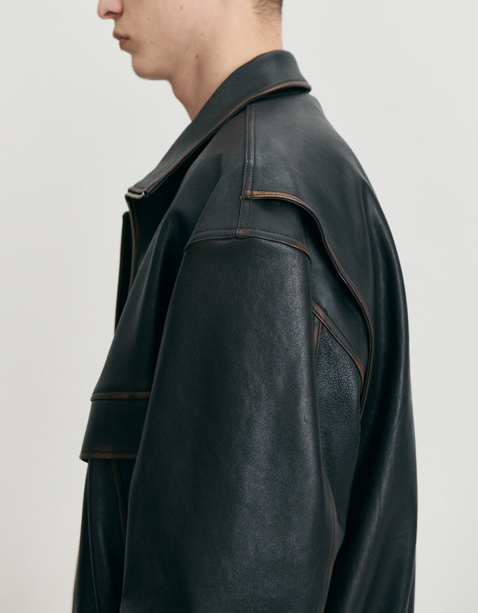 Stand Collared Leather Blouson — Deep Brown