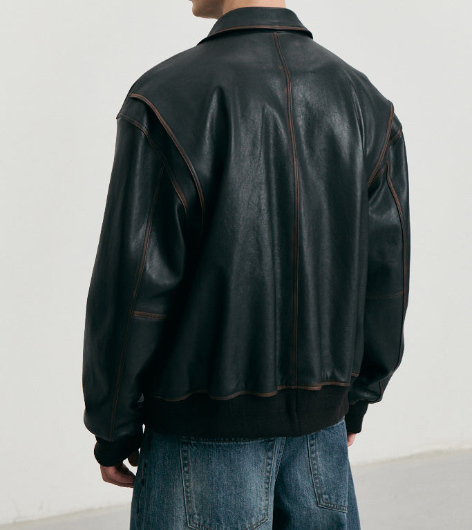 Stand Collared Leather Blouson — Deep Brown