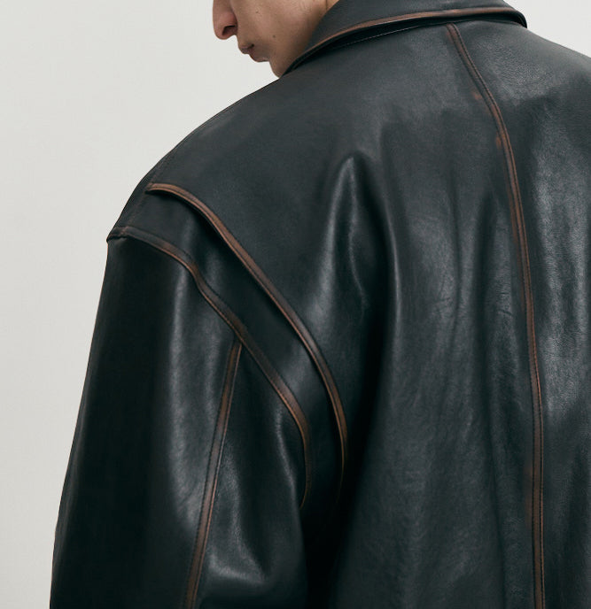 Stand Collared Leather Blouson — Deep Brown