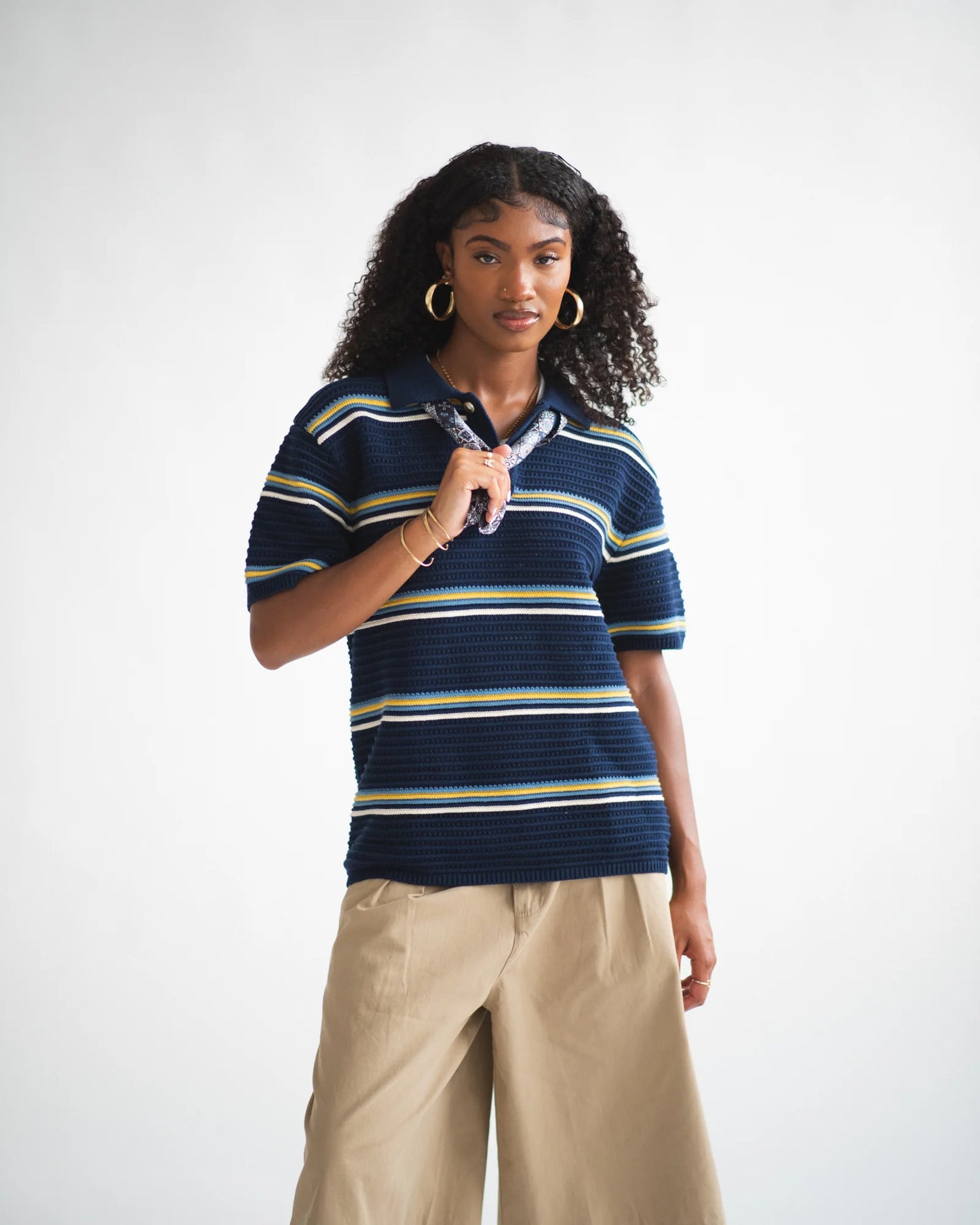 Striped Knit Polo - Navy