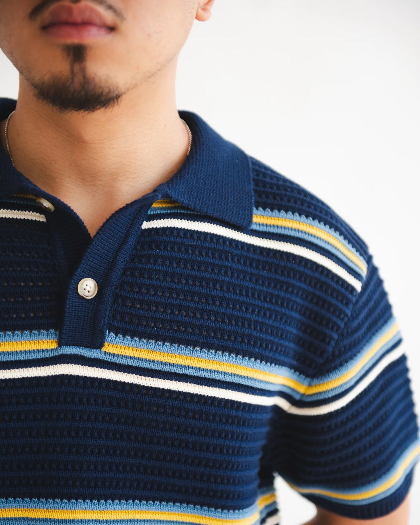 Striped Knit Polo - Navy