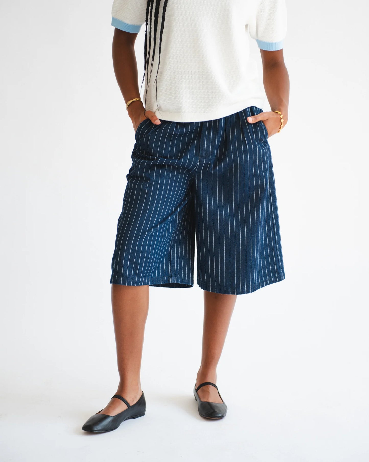 Giant Pleated Shorts - Indigo Pinstripe