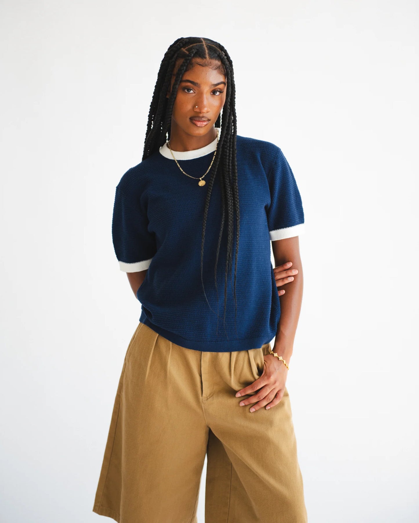 Textured Ringer Tee - Navy